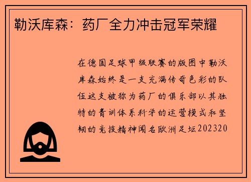 勒沃库森：药厂全力冲击冠军荣耀