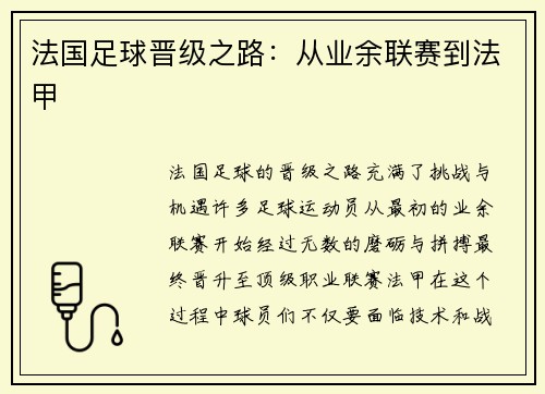 法国足球晋级之路：从业余联赛到法甲