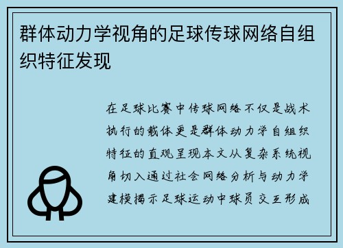 群体动力学视角的足球传球网络自组织特征发现