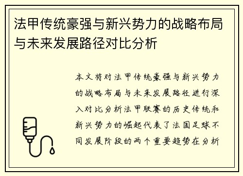 法甲传统豪强与新兴势力的战略布局与未来发展路径对比分析