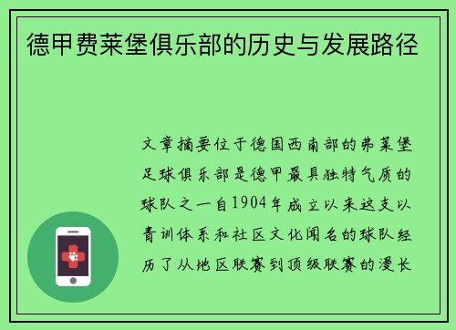 德甲费莱堡俱乐部的历史与发展路径