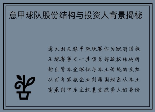 意甲球队股份结构与投资人背景揭秘